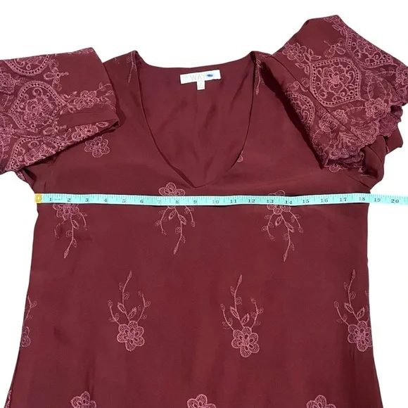 Wayf Burgundy Embroidered Flair Sleeved Dress sz S - Picture 8 of 13